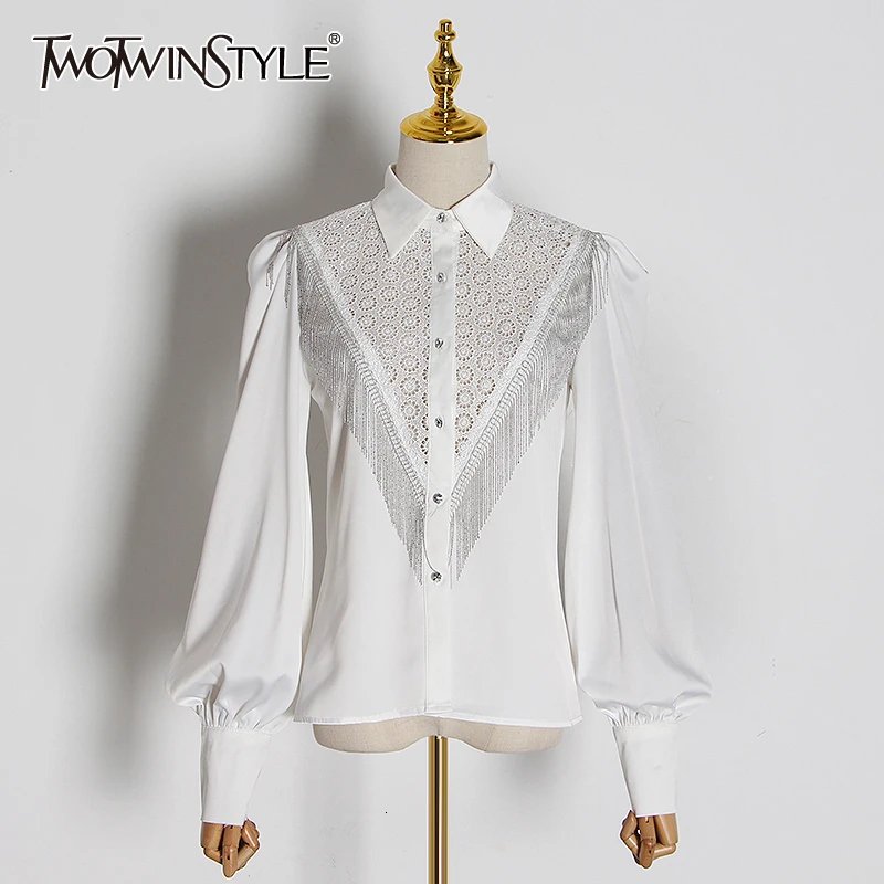 TWOTWINSTYLE Лоскутные кружевные блузки с кисточками для женщин рубашки отложным