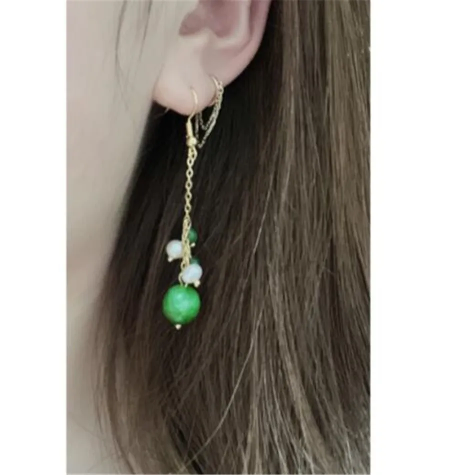 

Natural Green round pearl Earrings eardrop 18K Chain lady Gift Ear stud Accessories Mother's Day FOOL'S DAY New Year Easter