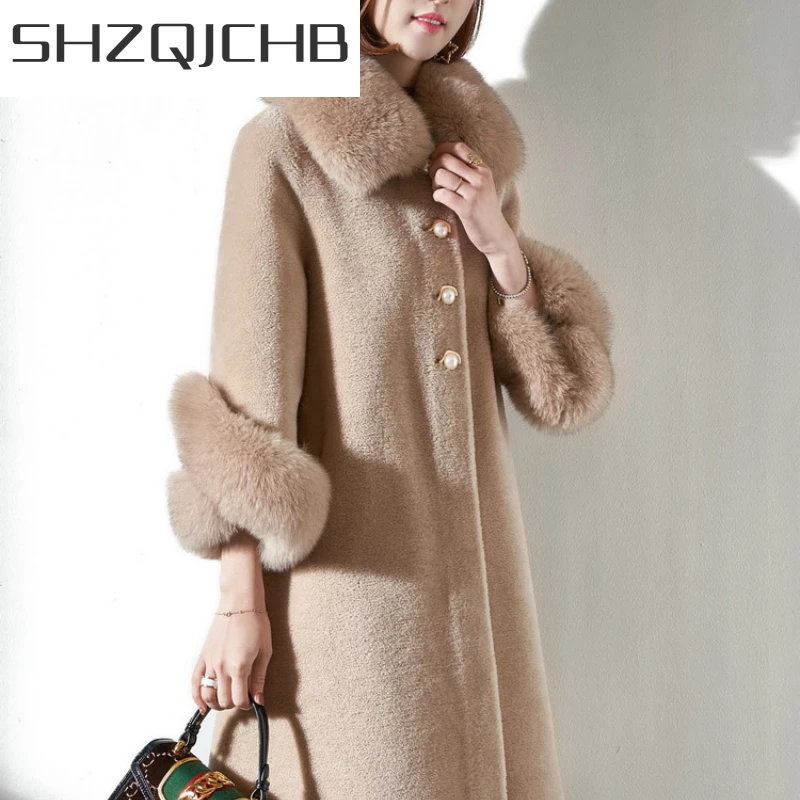 

SHZQ куртка из натуральной шерсти, женская куртка из овечьего меха с воротником из натурального Лисьего меха, весенняя одежда 2021 LWL1382