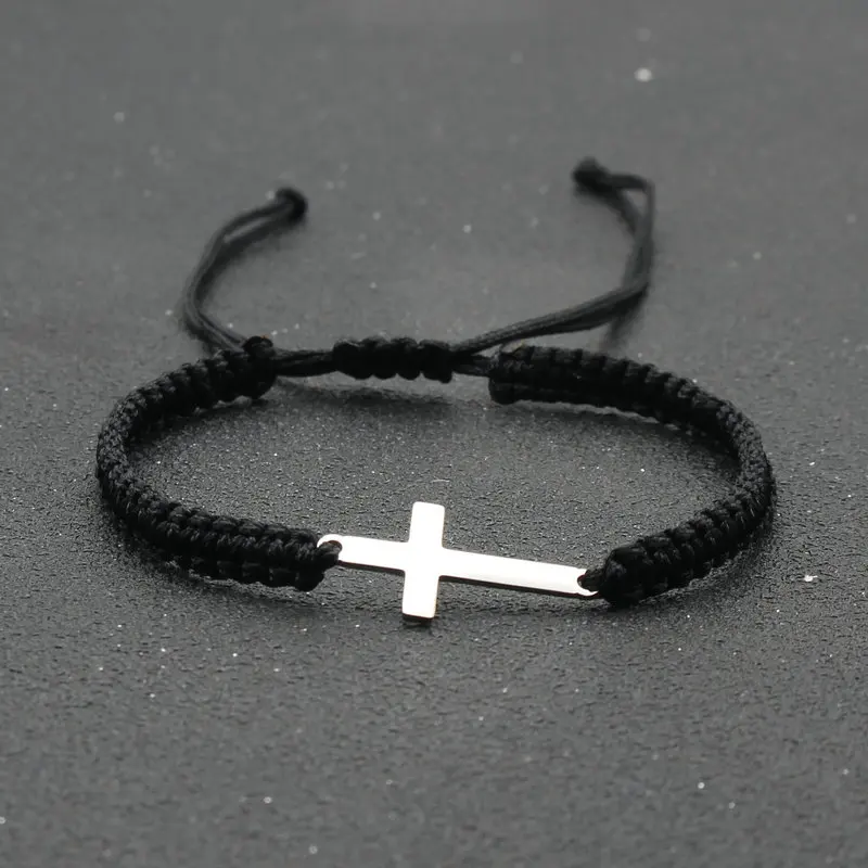Stainless Steel Cross Charm Bracelet Lovers' Lucky Handmade Braided Adjustable Rope Chain Bracelets for Women Men Couple Jewelry