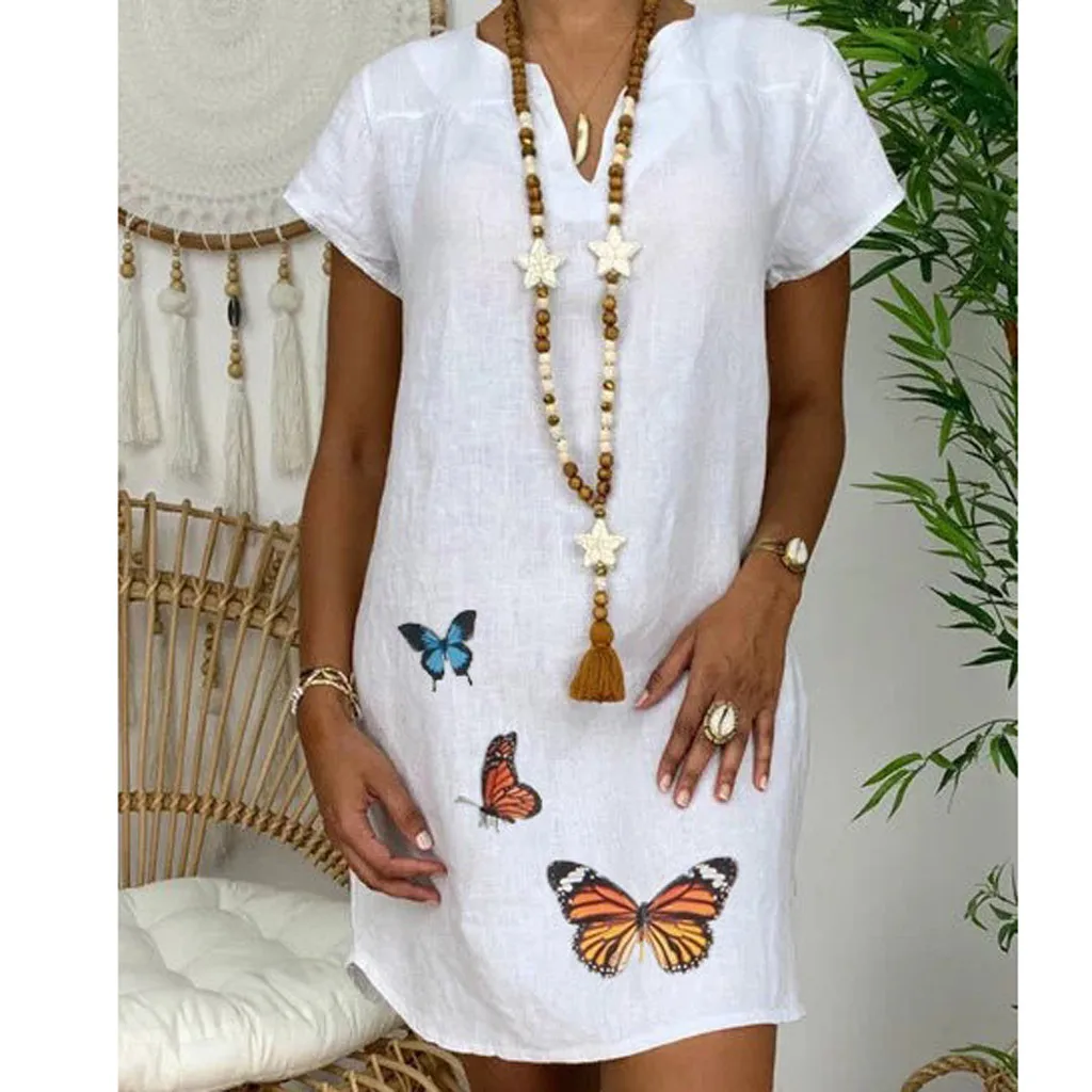 Платье женское из хлопка и льна с v образным вырезом коротким рукавом|Женские