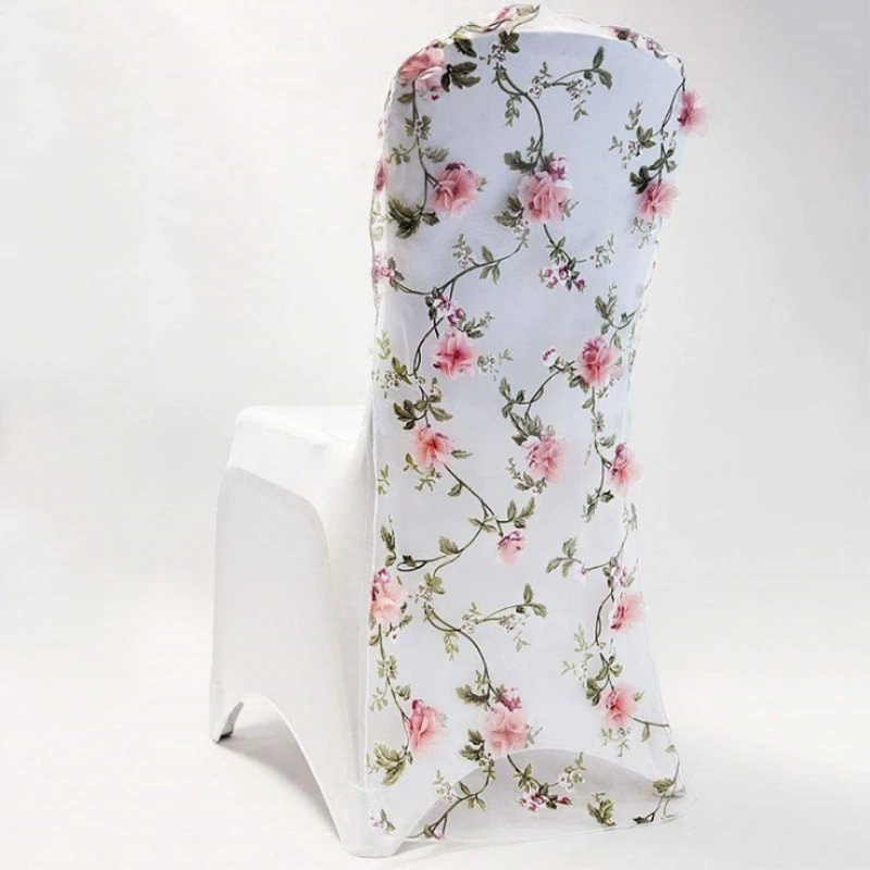 Marious wedding chair hood 50pcs 3D embroidered flowers Organza chair sashes wedding ruffled chair hood chair cover sashes