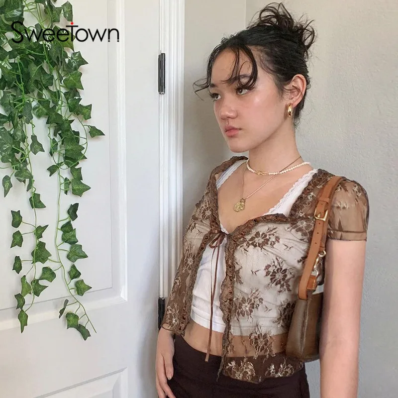 

FAKUNTN Sweetown Brown Vintage New Lace Crop Top Short Sleeve See Through Sexy Mesh Woman Tshirts V Neck Lace Up Floral Kawaii