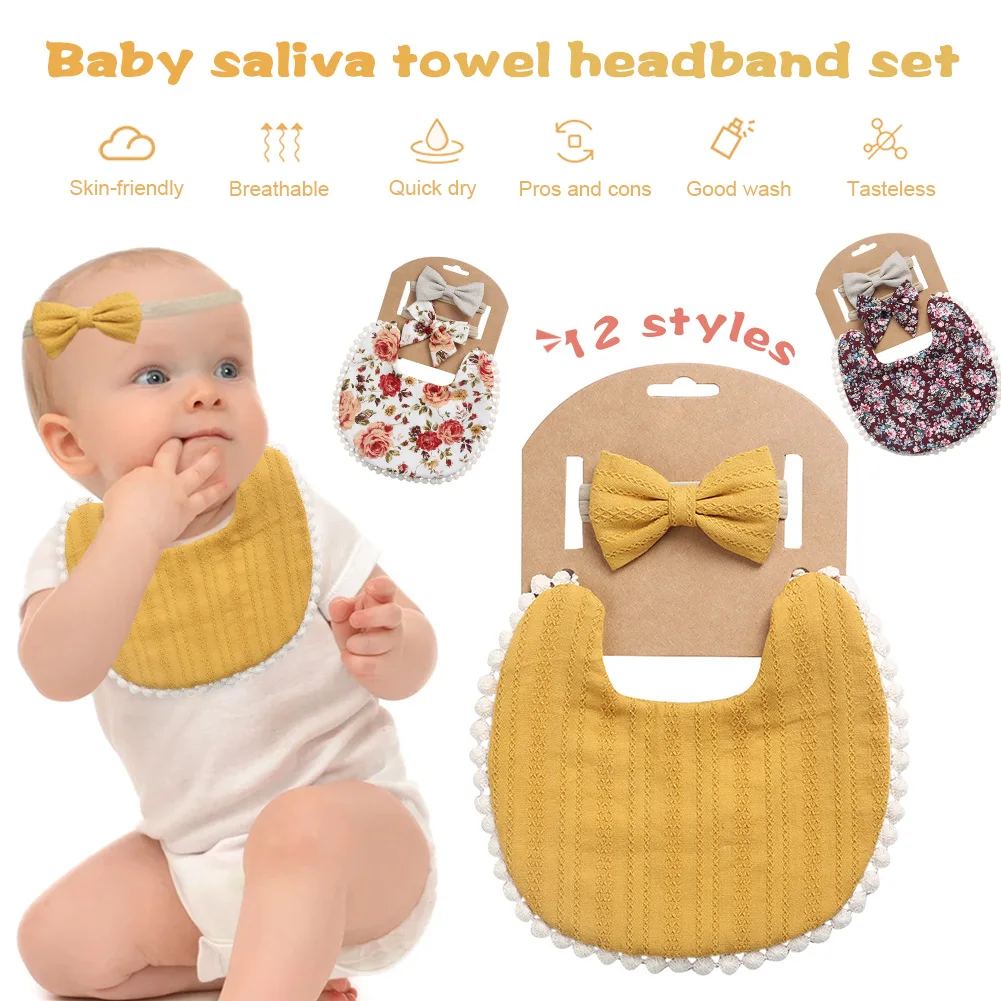 

2Pcs Baby Headband Tassel Saliva Towel Floral Print Newborn Double Side Bibs Boys Girls Bandana Feeding Smock Stuff