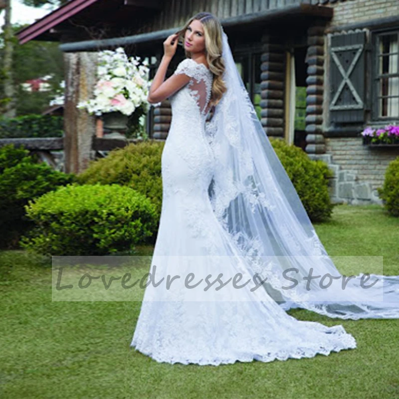 

Charming Wedding Dresses Tulle Appliques Pleat V-Neck Off-Shoulder Mermaid Covered Button Bridal Gowns Novia Do 2021 Vestidos