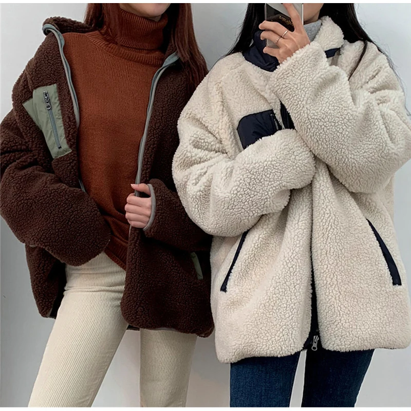 

Женское пальто из овечьей шерсти, зимнее теплое пальто в Корейском стиле на молнии с карманами, Женская Толстая Лоскутная куртка с длинным р...