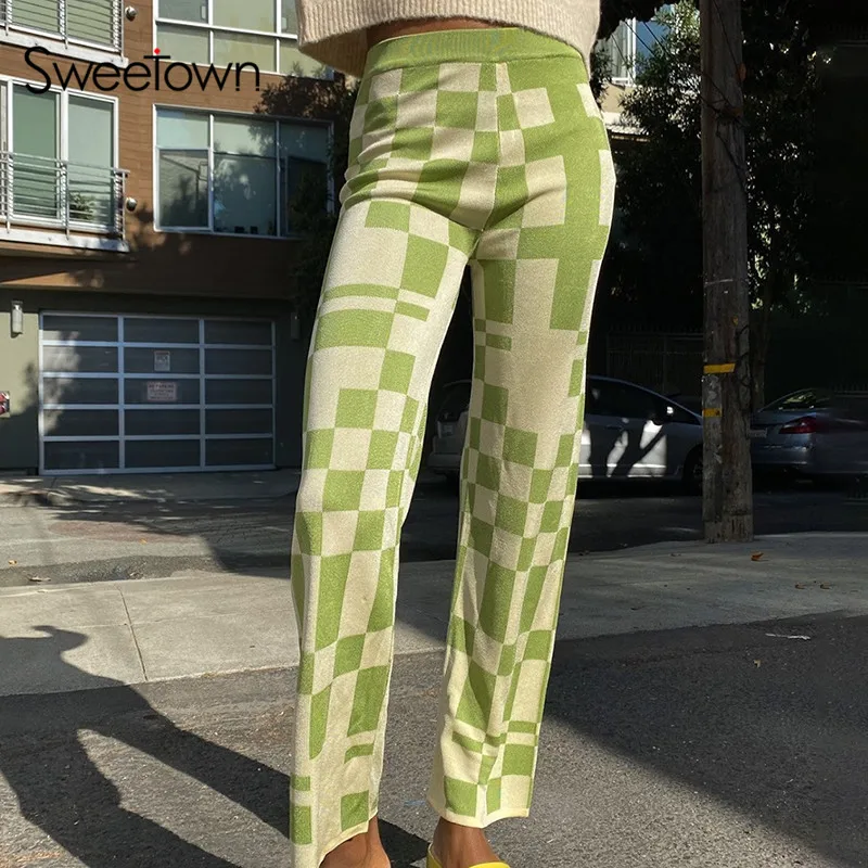 

Sweetown Harajuku Girl Plaid Straight Pants Women Black and White Streetwear Vintage New Aesthetic High Waist Checked Trousers