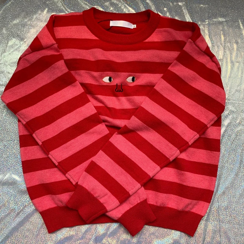 Sweet Harajuku Hip Hop Girls Pink Striped Sweater Jumper Women Autumn Winter Knitted Pullover Streetwear Chic Embroidery Jumpers