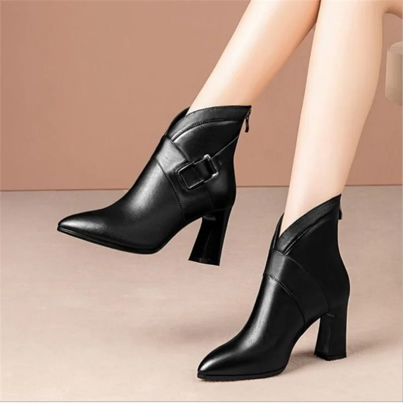 

2021 Vogue Microfiber Leather Short Boots Female Ankle Boot Women's Shoes British Style Pointed Toe Buckle Square Heel Footware