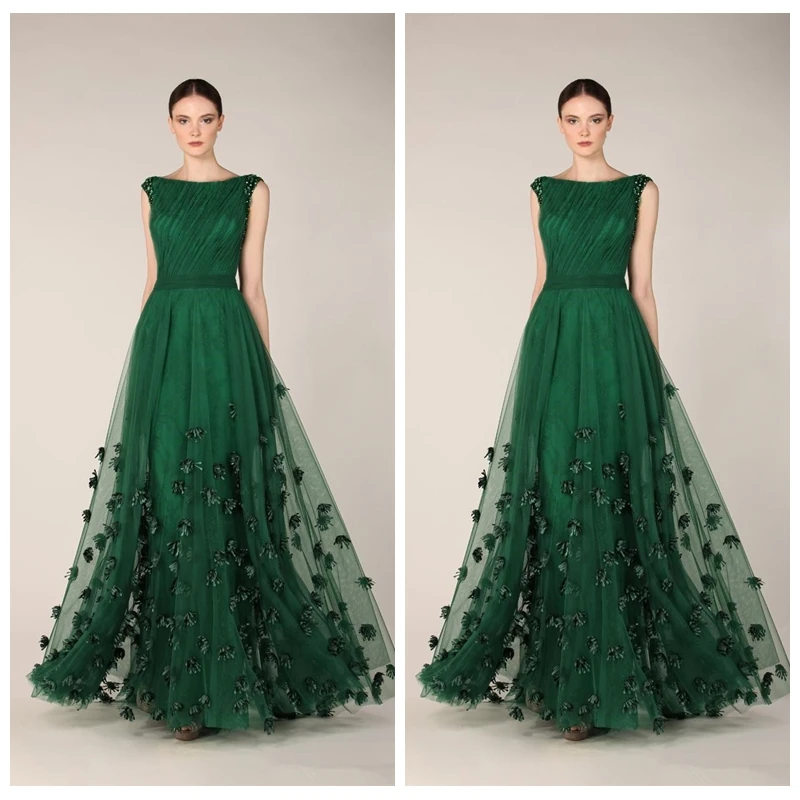 

Boat Neck Green Tulle Prom Dresses 3D Appliques Long Evening Gowns Floor Length A Line Robe De Soiree