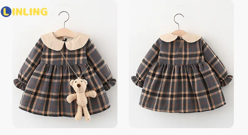 

LINLING Winter Girl Toddler Princess Dress Plaid Winter Girls' Dress Foreign Style Korean Long Sleeve Girls' Skirt ClothesV609
