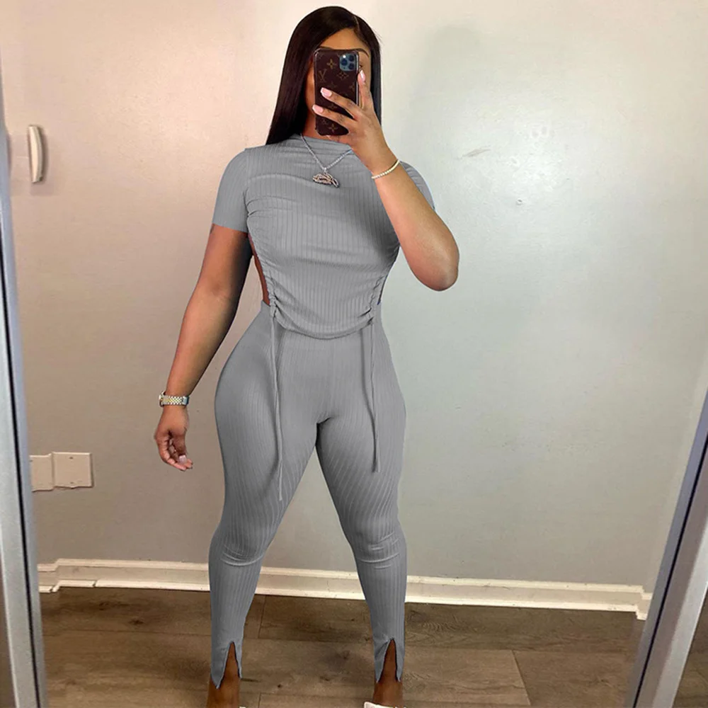 

Серый цвет: черный, синий, одежда для отдыха, комплект вязаной одежды костюм Для женщин на завязках с низким вырезом на спине топ и Разделени...