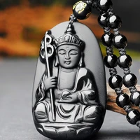 natural black obsidian buddha bodhisattva jade pendant necklace chinese carved fashion jewelry accessories amulet for men women
