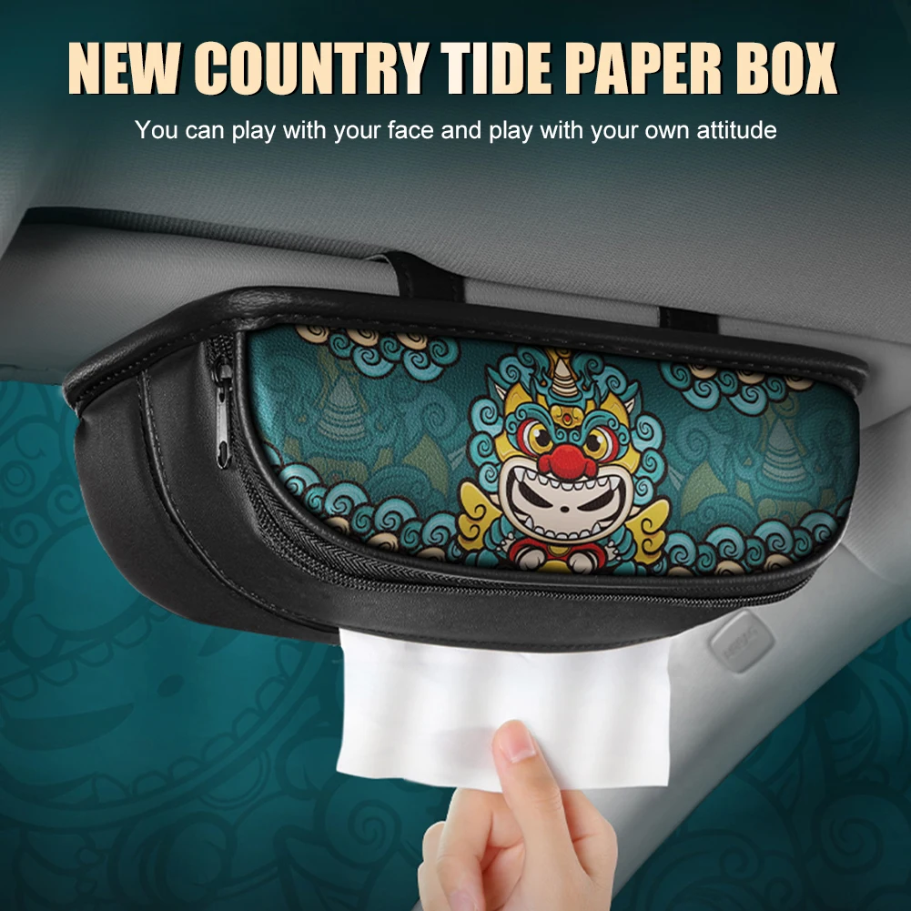 

Car Tissue Box Sun Visor Tissue Box Traditional Chinese New Year Dance Lion Leather Tissue Box Decoration Interior Accessories