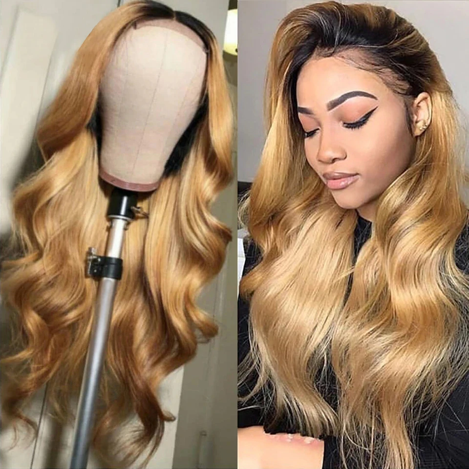 Soul Lady honey Blonde Выделите парик объемная волна 1b 27 Омбре человеческие волосы парик отбеленные узлы бесклеевой индийский Remy парик шнурка для женщин