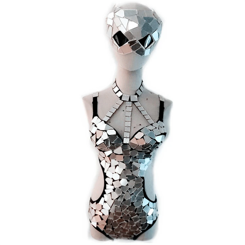 Gold Silver Mirror Bodysuit Sequins Mask Sexy Hollow Out Backless Dance Costume Bar Night Club DJ Singer Dancer Team Bodysuits