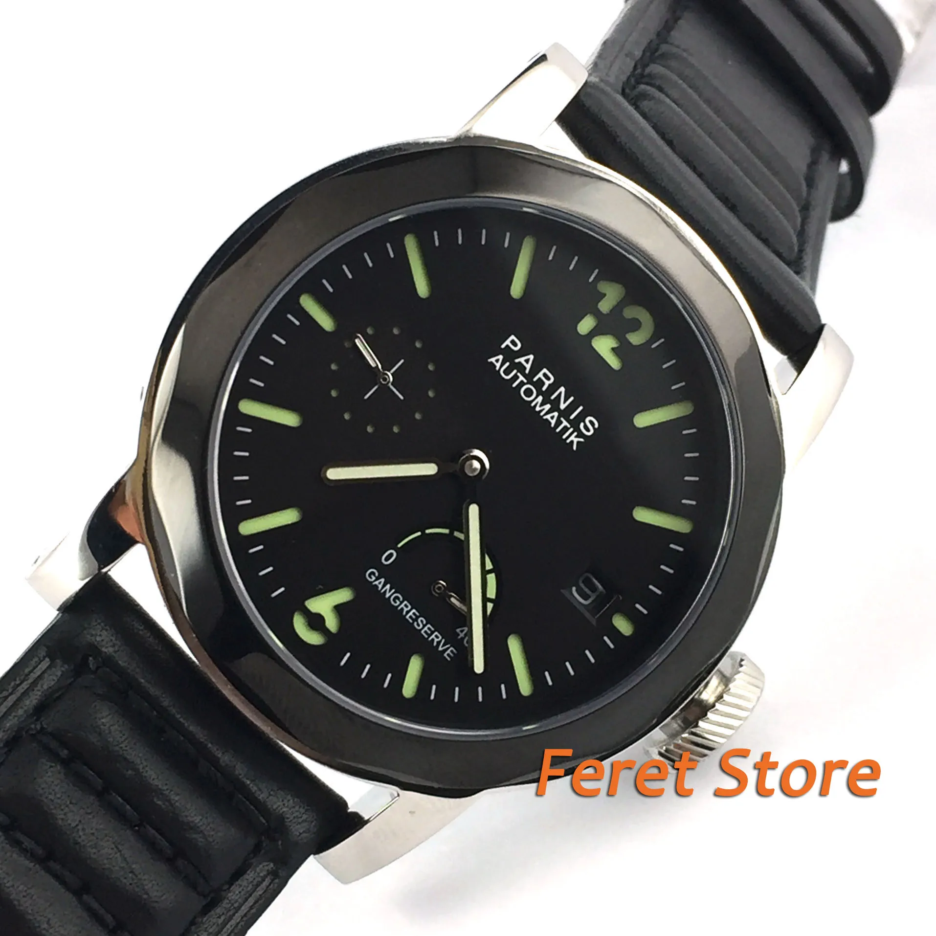 

43 мм PARNIS черный циферблат стальной сапфировый резерв мощности автоматические часы с датой pa32