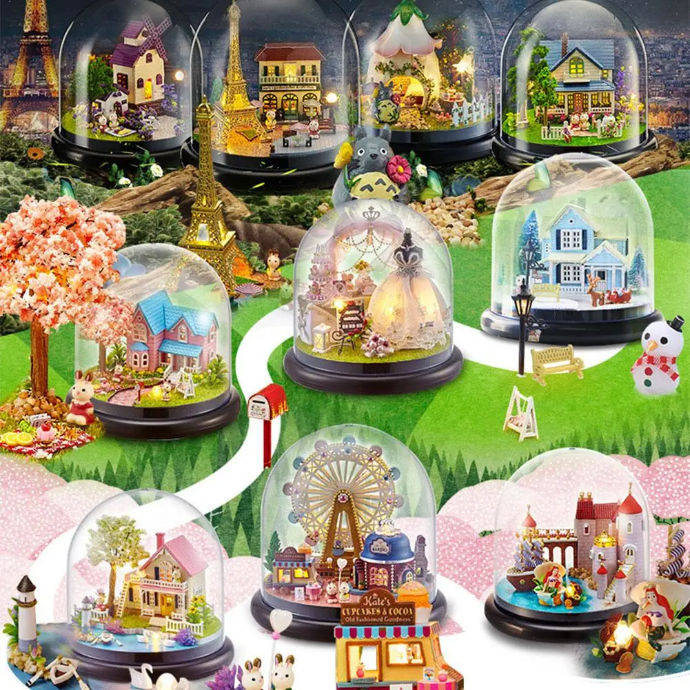 

DIY Dollhouse Miniature House Castle Dust Proof Wedding Costume DIY Miniature Dollhouse Kit With Music Movement Dust Cover
