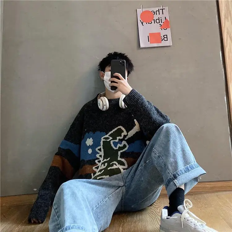 

Sweater Men Streetwear Retro Flame Pattern Hip Hop Autumn New Pull Over Spandex O-neck Oversize Couple Casual Men's Sweaters