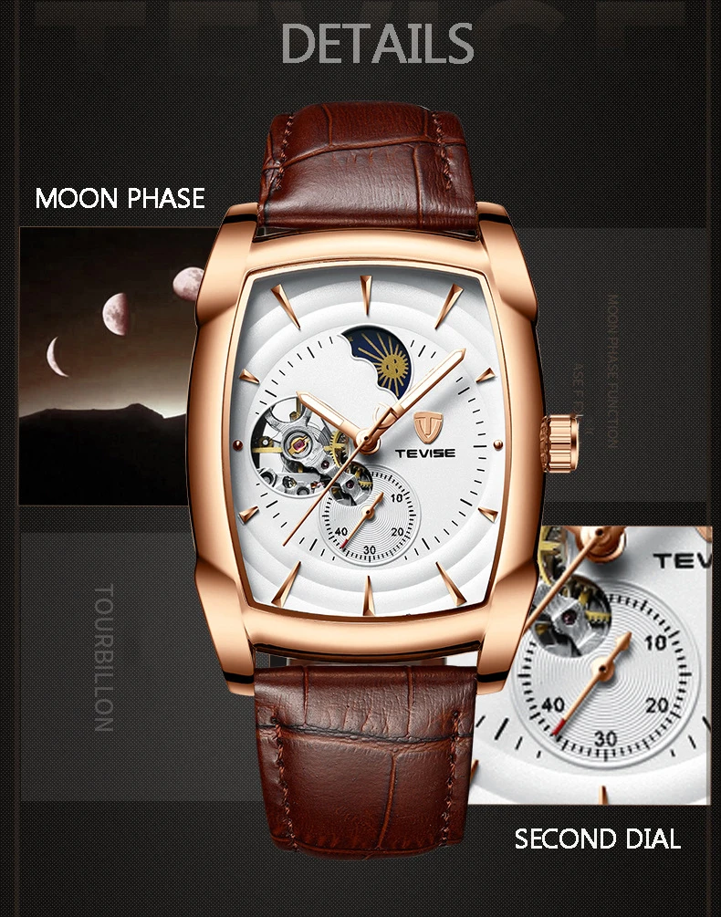 Tevise автоматические механические наручные часы Tourbillon Moon Phase часы лучший бренд мужские спортивные наручные часы с намоткой Relogio Masculino