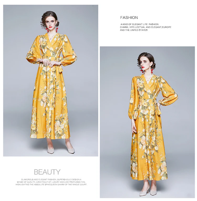 

Women's Dress Chiffon V-neck Girl's Party Dresses High Waist Fashion Print Lady A-LINE Summer Bohemia Ankle-Length Houthion