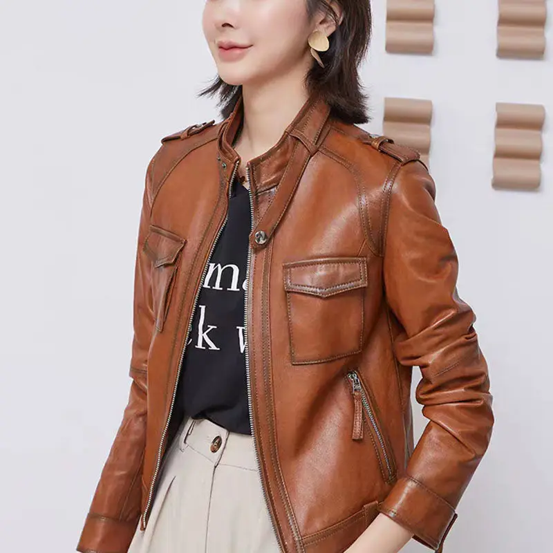 Sheepskin Leather Jacket Spring Autumn Lady Leisure Vegetable Tanned Leather Jacket Women's Short Motorcycle Jacket