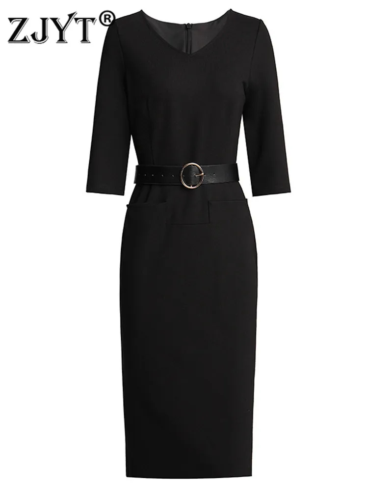 

Elegant Ladies Simple Office Pencil Dresses for Women 2022 New Runway Spring Vestidos Solid White Black Casual Party Robe Femme