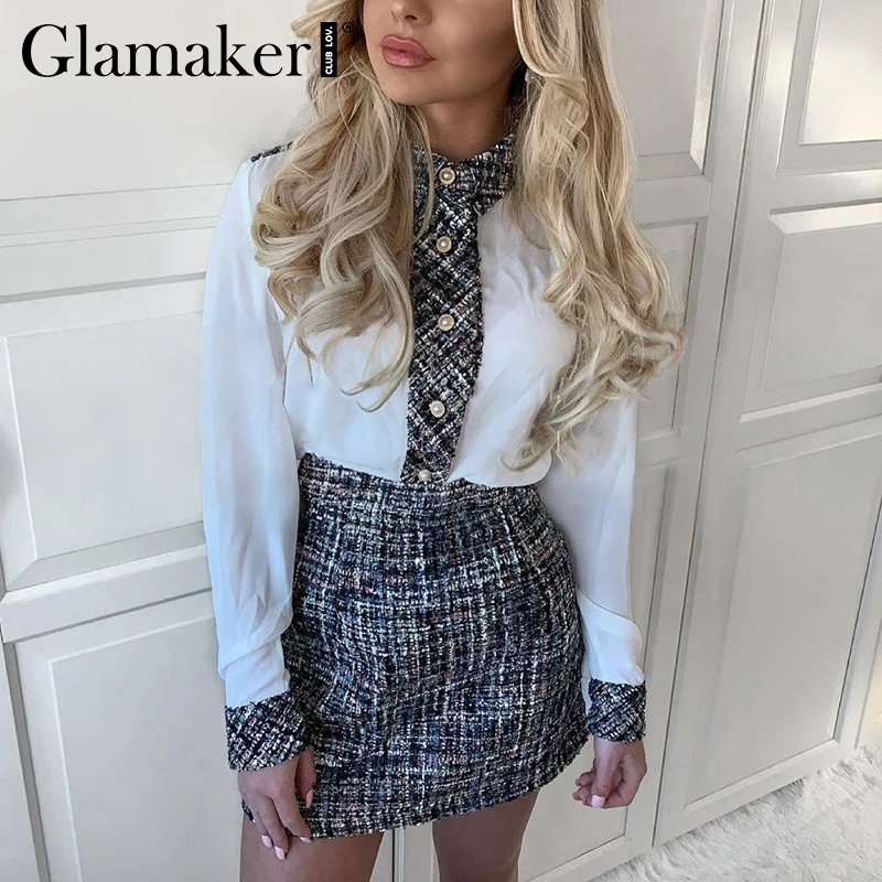 Соблазнительное твидовое короткое платье Glamaker в стиле пэчворк осеннее с длинным