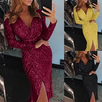 2022 sequined long sleeve deep v neck dress formal nightclub dress women sexy bodycon club nude celebrity evening party dresses