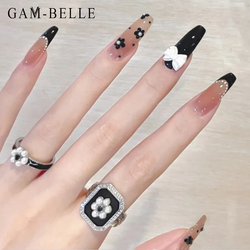 

GAM-BELLE искусственные ногти, черный цветок, 3D бант, длинная балерина, полное покрытие, искусственный пресс на ногти, украшение, сделай сам, Мани...