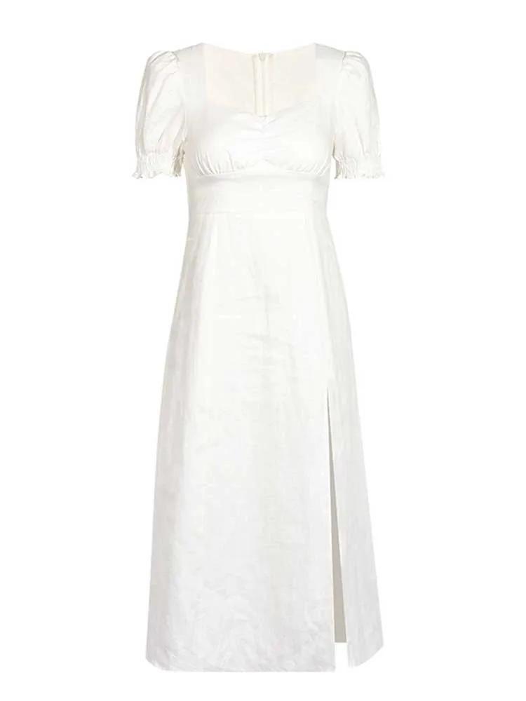 

yinlinhe White Long Dress Women High Waist Split Summer Dress Slim Elegant French Style Dresses Holiday Party Wear 2021 2035