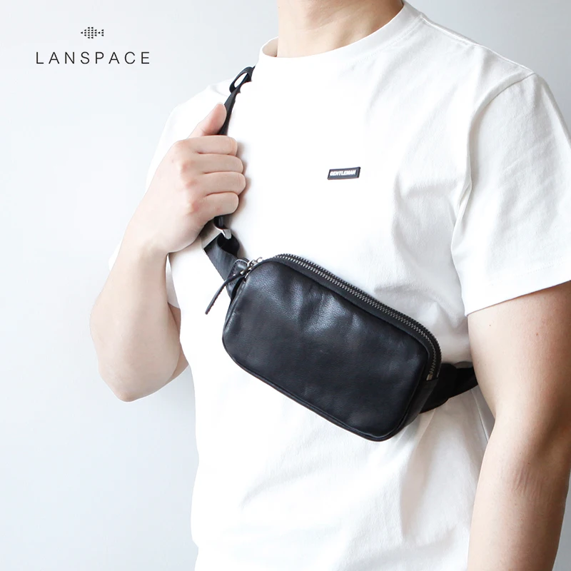 LANSPACE  men's leather shoulder bag genuine leather small waist bag men's messenger bag