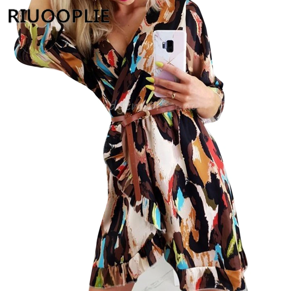 RIUOOPLIE Summer Sexy Women Printed V-neck Fashion Tunic Dress Holiday Beach Sundress Abstract Pattern Large Size Party |