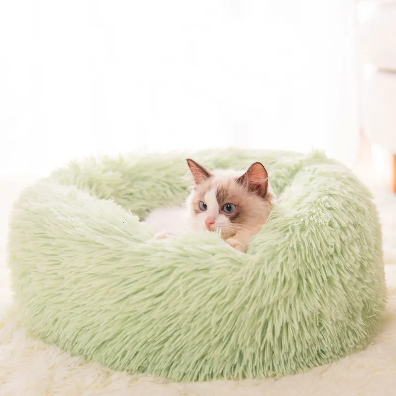 

Dropshipping 2021 Hot Selling Soft Comfy Calming Plush Donut Pet Bed Luxury Solid Fluffy Round Dog Bed Farx Fur House for Cats