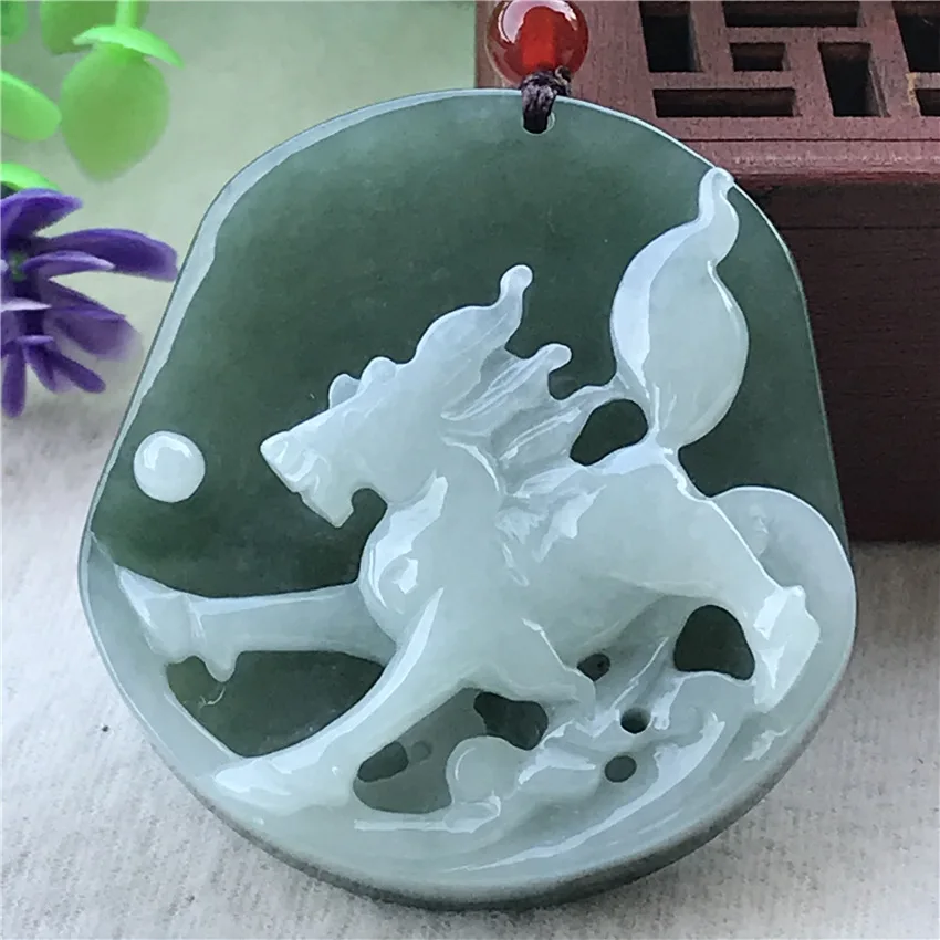 

Natural Myanmar A hand-carved horse green jade pendant jade necklace women necklaces emerald pendants jadeite jade jewelry