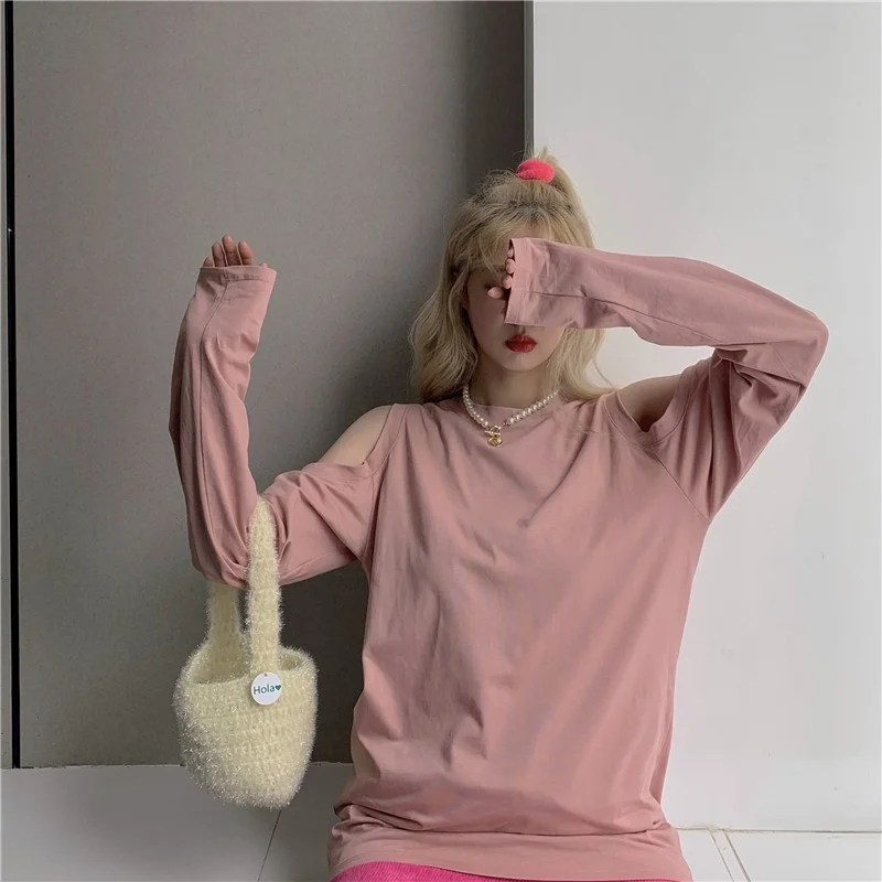 

2021 new spring and summer T-shirt cotton off shoulder round ne long sleeve top design new products