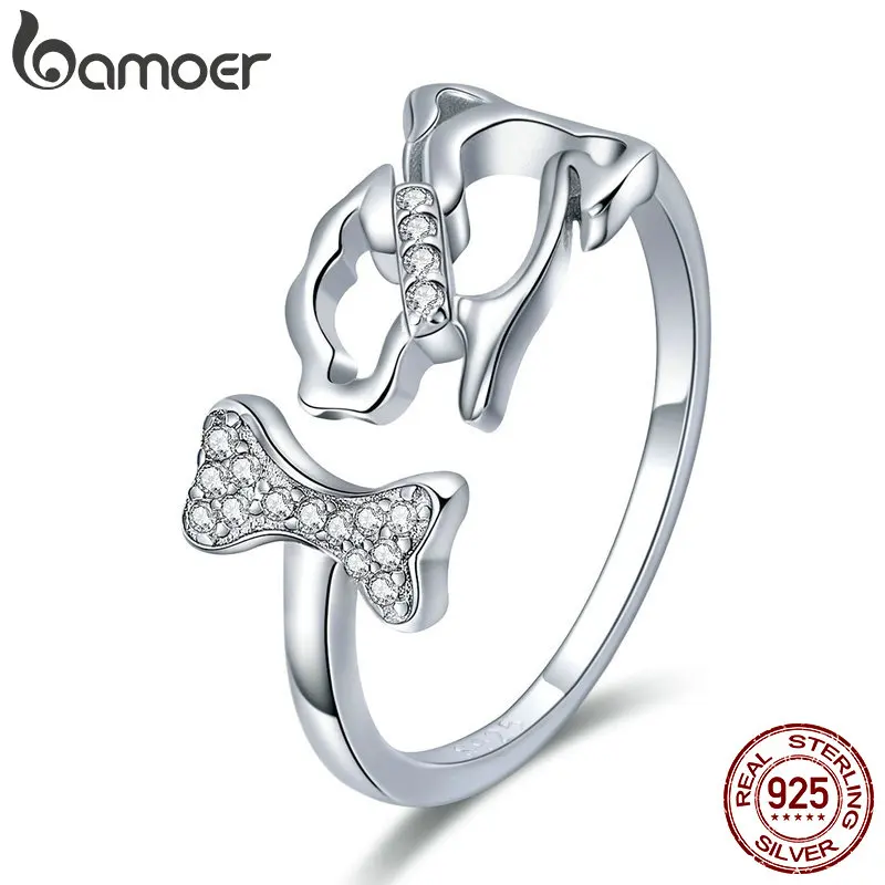 BAMOER, 925 пробы, серебряные, собачья компания, животное, собака и кость, кольца на палец для женщин, регулируемый размер, Стерлинговое серебро, ювелирные изделия SCR416