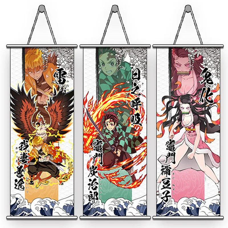 

Anime Demon Slayer Hanging Scroll Painting Cartoon Figure Nezuko Tanjirou Zenitsu Inosuke Home Decor Wall Poster (Size:74*35cm)