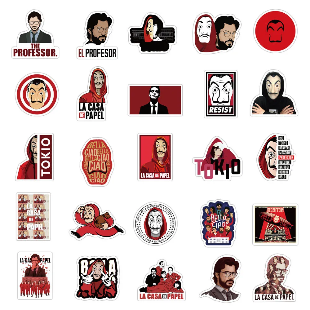 

50PCS TV Show Money Heist La Casa De Papel Sticker Waterproof PVC Stickers DIY Moto Car Laptop PC Suitcase Cool Sticker Decals