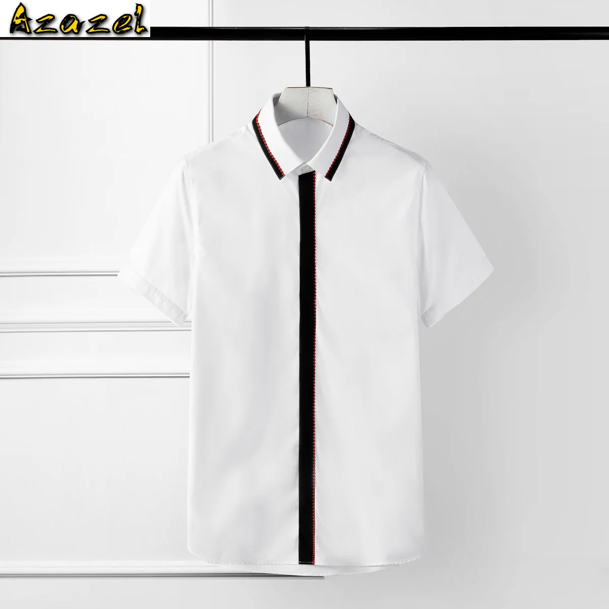 

Azazel Black White Splice Men Shirts Contrast Color Embroidery Short Sleeve Mens Dress Shirts Plus Size 3XL 4XL Party Shirts Man