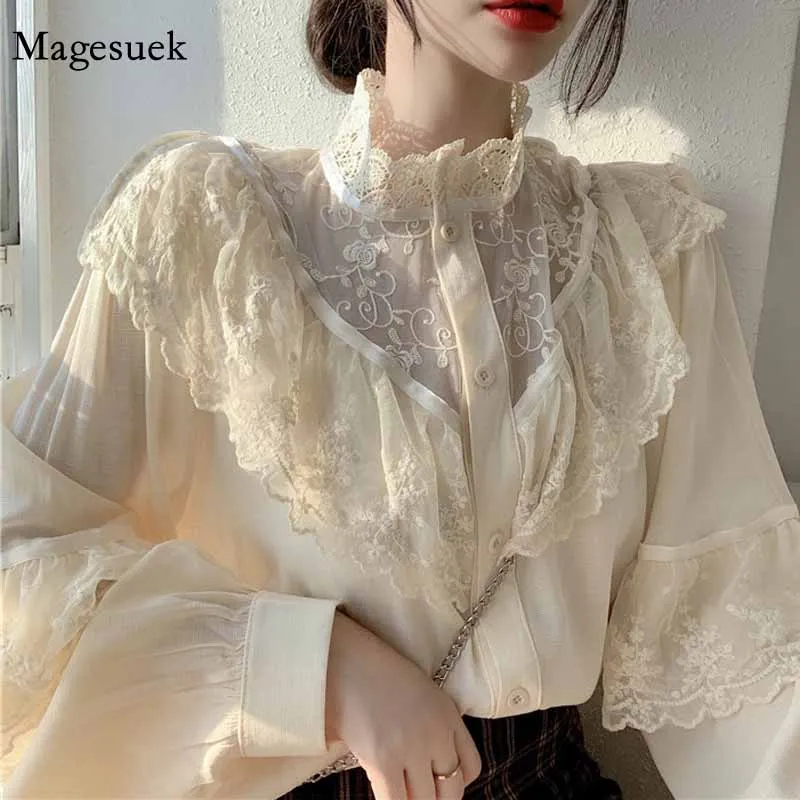 

Autumn Lace Up Fashion Ruffled Women Blouses Stand Collar Ladies Tops Vintage Lace Shirts Korean Sweet Loose Clothes Women 11335