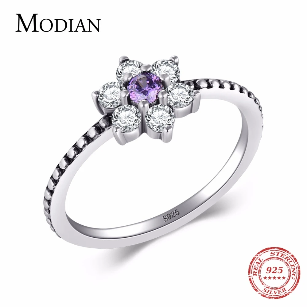 Modian,, настоящее 925 пробы, серебряное, фиолетовое, Кристальное, с цветами, кольцо, классическое, красивое, на палец, кольца для помолвки, модное ювелирное изделие
