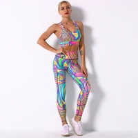 new women printed colorful leggings geometry print running yoga suits sportswear high waist fitness leggings sports set gym suit