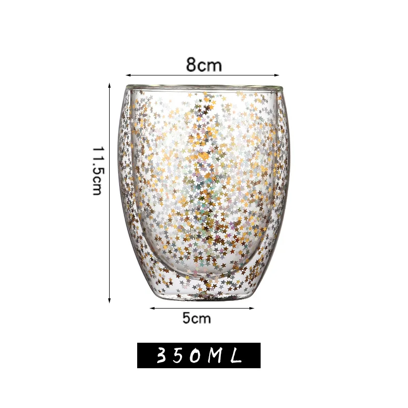 

Glass Transparent Coffee Cup Double Bottom Heat-resistant Wine Glasses Cups Creatives Sky Star Sequins Cup Whiskey Beer Milk Mug