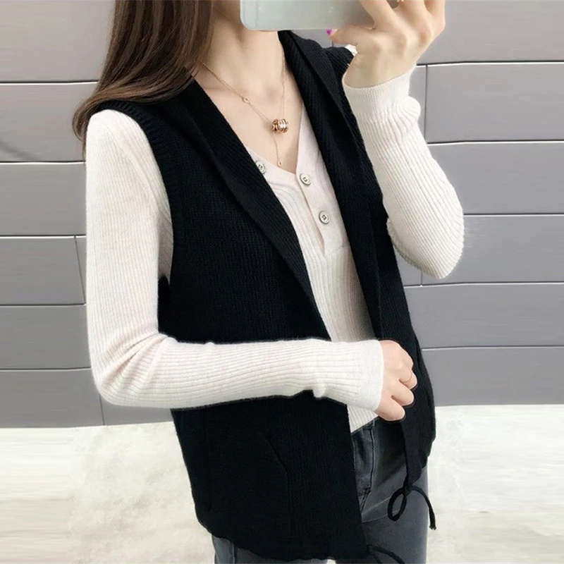 

Solid Hooded Sweaters Vest Women Casual Knitted Sleeveless Cardigans Female Korean Style Loose Drawstring Waistcoat Open Stitch