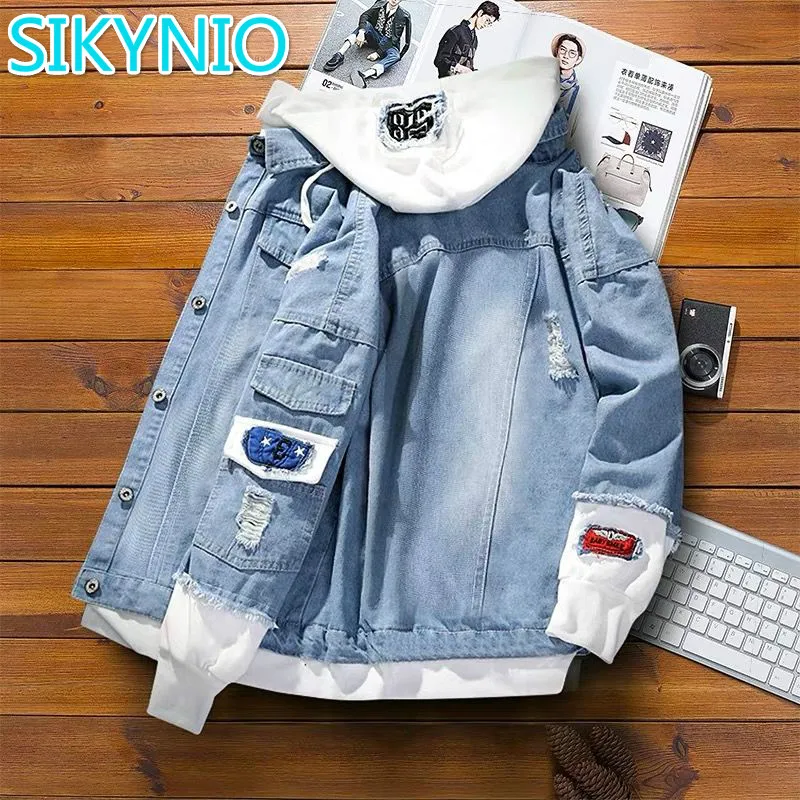 

Мужская джинсовая куртка, приталенная куртка в стиле хип-хоп, с капюшоном, Уличная Повседневная Свободная верхняя одежда, весна-осень 2020