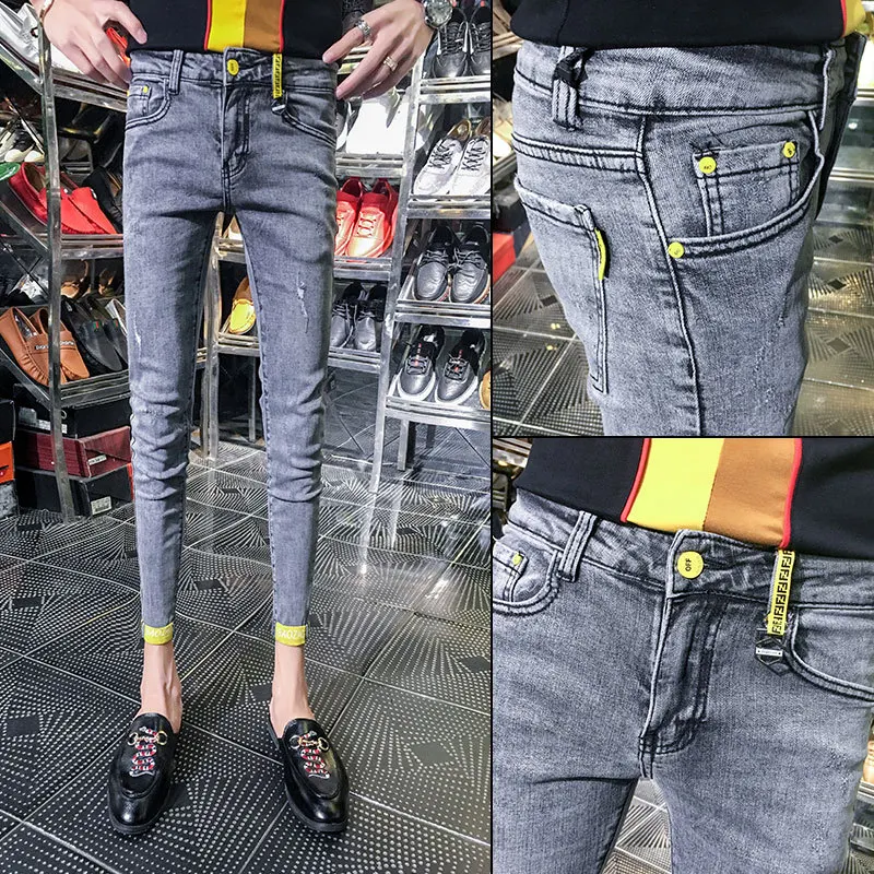 

Skinny Denim Jeans men 2020 feet men's brand spirit guy pants Slim feet ripped holes society teenagers young boys pencil pants