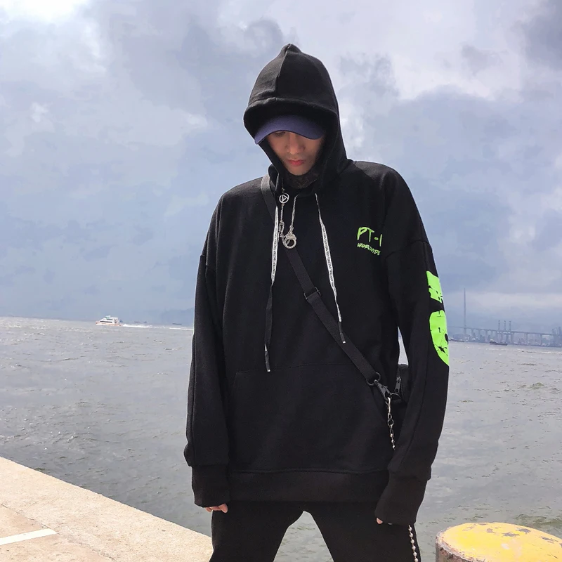 Мужской Повседневный пуловер с капюшоном флуоресцентный зеленый черный Свитшот