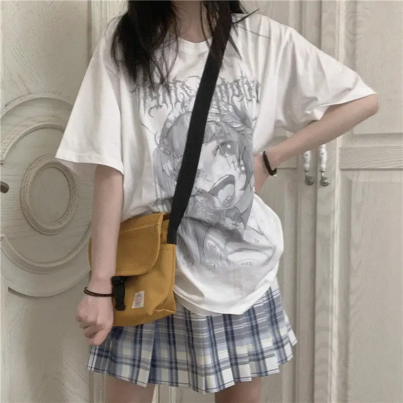 

E18 Japanese summer cartoon dark casual tees hip-hop letter print short-sleeved casual Vintage tops T-shirt