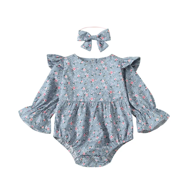 

Sweet Baby Girl Outfits 2PCS Summer Autumn Floral Printing Fly Long Sleeve Buttons Romper+Bow Headwear For Newborn Kids18 Months